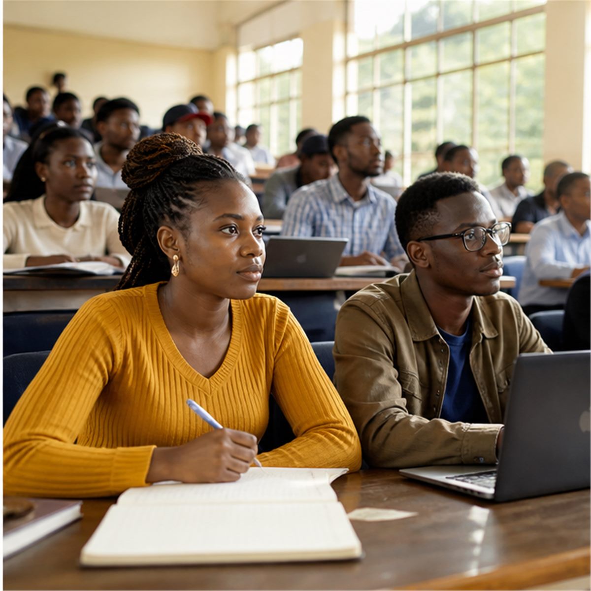 University students attending a bright lecture hall class