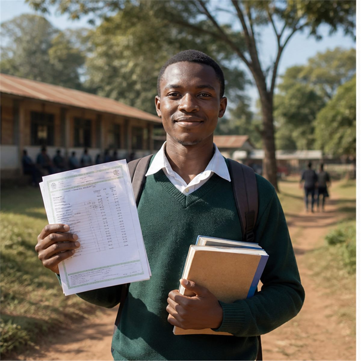 Prospective MAGASF scholar holding academic documents outside a school compound